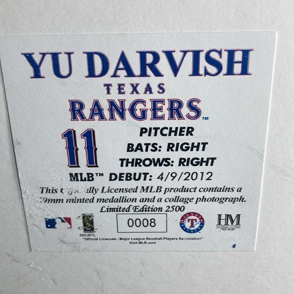 Collectors Yu Darvish Framed Limited Edition#8 Texas Rangers Medallion & Collage